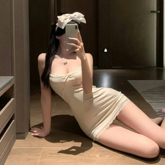 Beige Lace Slip Dress